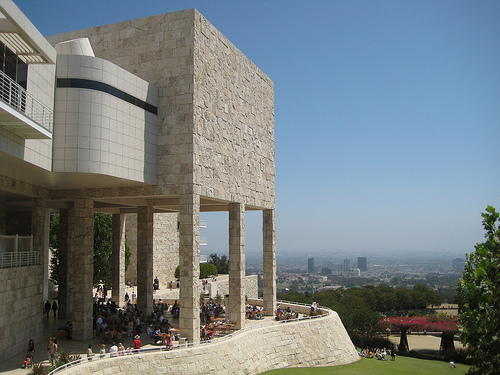 A view of the Getty Center in Los Angeles, designed by Richard Meier, with the skyline of Los Angeles in the background.