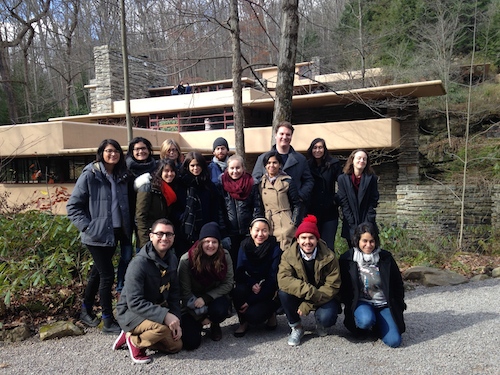 Parsons MA DS Students at Fallingwater. Back row, l to right: Laura Sanchez, Mae Wiskin, Susan Yelavich, Misha Volf, Olly Bolton, Estefania Acosta, Laura Wing; middle row: Micki Unterberg, Rachel Smith, Sonja Holopainen, Quizayra Gonzales; front row: James Laslavic, Gene Duval, Maggie Lin, Juan Pablo Pemberty, Veronica Uribe.