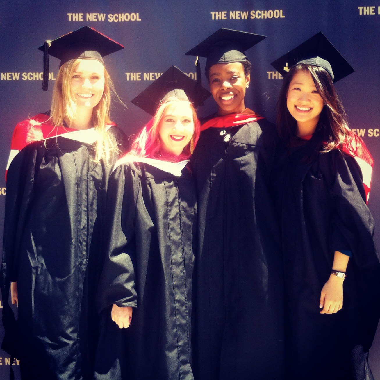 MA Fashion Studies alumni. From left: Lauren Downing Peters '12, Anya Kurennaya '12, Rachel Francois '12, and Nami Kim '12