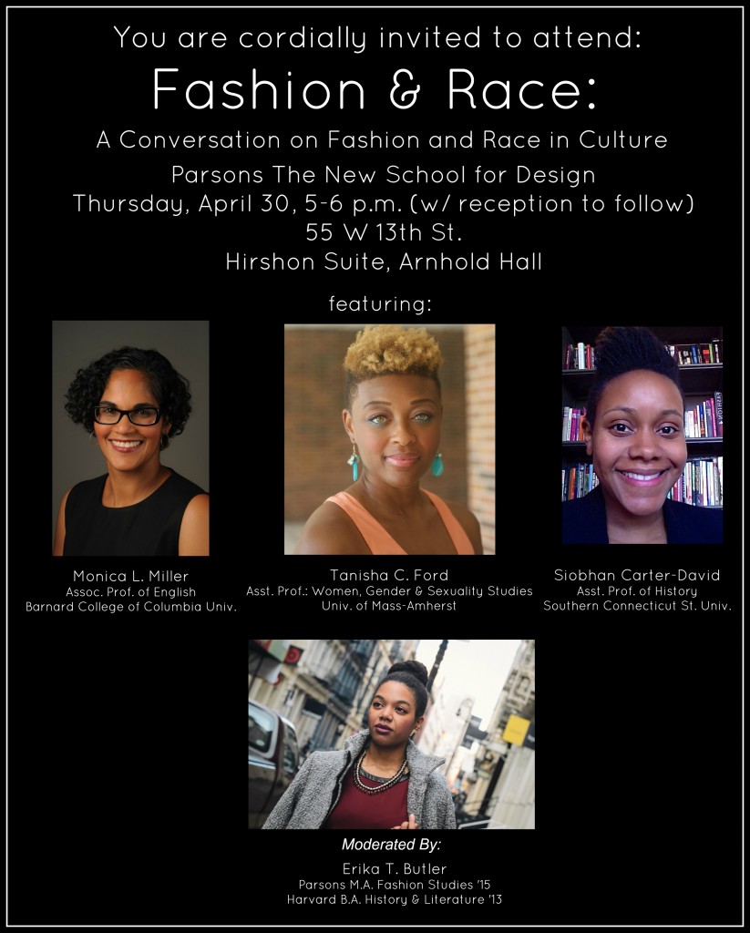 The official poster for Fashion & Race, coordinated by Erika Butler