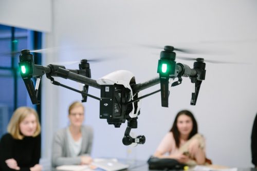 Drone flying in "Research and Methods" class presentation by Mehdi Salehi. Photograph by Mathew Mathews